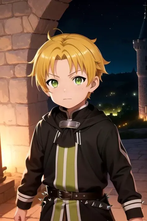 medival castle,midnight, one image, FS
1boy, short  hair,  shiny hair, (spiked dark yellow hair:1.2), (green eyes), (rudeusg:1),mushoku tensei, adorable,solo, background
(exceptional, best aesthetic, best quality, masterpiece, extremely detailed:1.2)
<lora:RudeusGrayrat:0.45>