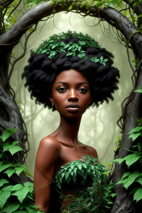 A stunning interpretation of beautiful young ebony girl dryad with large beautiful eyes, full body, ivy, stars, emerald and black, jasmine, trees, mist, dramatic lighting, highly detailed and intricate, hyper maximalist, ornate, luxury, elite, haunting, matte painting, cinematic, cgsociety, James jean, Brian froud, ross tran,  ZRpee,