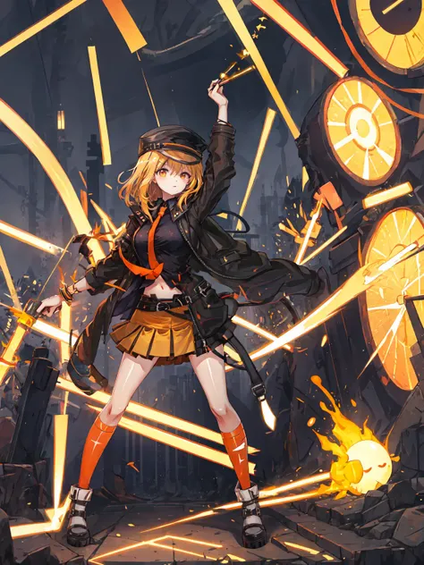 masterpiece, best quality, solo, <lora:har-4:1>, desire, belt, orange_skirt, navel, hat, coat,