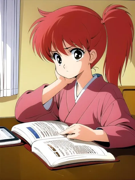<lora:YohkoAsagiri001:0.7> masterpiece, <lora:add_detail:0.5>, <lora:noline:0.3>, <lora:boldline:-0.3>, YohkoAsagiri, 1girl, red hair, Side ponytail, brown eyes, homework, japanese bedroom, concentrating