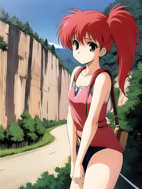 <lora:YohkoAsagiri001:0.7> masterpiece, <lora:add_detail:0.5>, <lora:noline:0.3>, <lora:boldline:-0.3>, YohkoAsagiri, 1girl, red hair, Side ponytail, brown eyes, travelling, beautiful mountainside