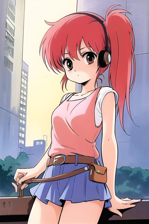 A woman with red hair and a pink top is standing on a ledge - SeaArt AI