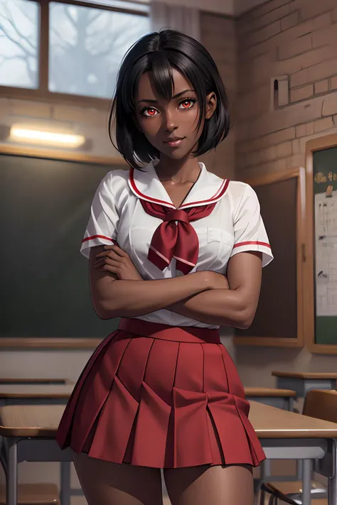 hdr, rpgshadow, female, blurry, red eyes, glowing eyes, dark skin, short hair, wearing red Anime school uniform, red skirt, arms crossed, cowboy shot, indoors, school, midnight, looking at camera, happy, standing, extremely detailed,  <lora:Mistoon_Anime school uniform:.4>,  <lora:RPGShadow:1>