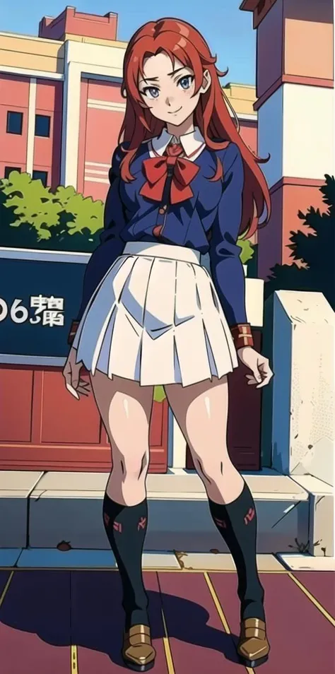 (anime,8k,best quality, masterpiece:1.2),((ultra-detailed,detailed beautiful girl:1.4)),1 girl,full body shot, <lora:Mistoon_Anime school uniform:0.5>Anime school uniform,(face),beautiful eyes,red long hair,smile,slender,posing