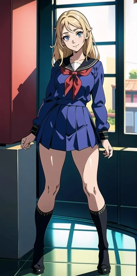 (anime,8k,best quality, masterpiece:1.2),((ultra-detailed,detailed beautiful girl:1.4)),1 girl,full body shot, <lora:Mistoon_Anime school uniform:0.56>Anime school uniform,(face),beautiful eyes,mid hair,smile,