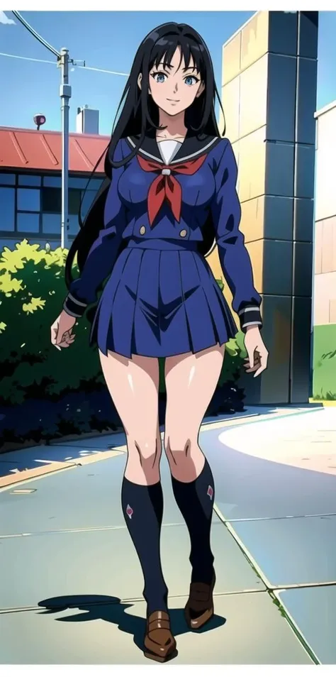 (anime,8k,best quality, masterpiece:1.2),((ultra-detailed,detailed beautiful girl:1.4)),1 girl,full body shot, <lora:Mistoon_Anime school uniform:0.2>Anime school uniform,(face),beautiful eyes,black hair,smile
