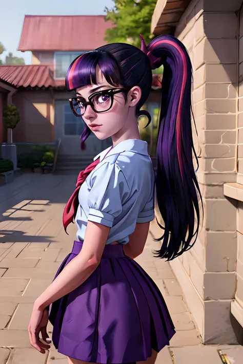 hdr, mlptwilight, ponytail, glasses, wearing purple Anime school uniform,indoors, school library,  looking at camera, shocked, standing,  extremely detailed,  <lora:Mistoon_Anime school uniform:1>,  <lora:mlp_twilightsparkle:.8>