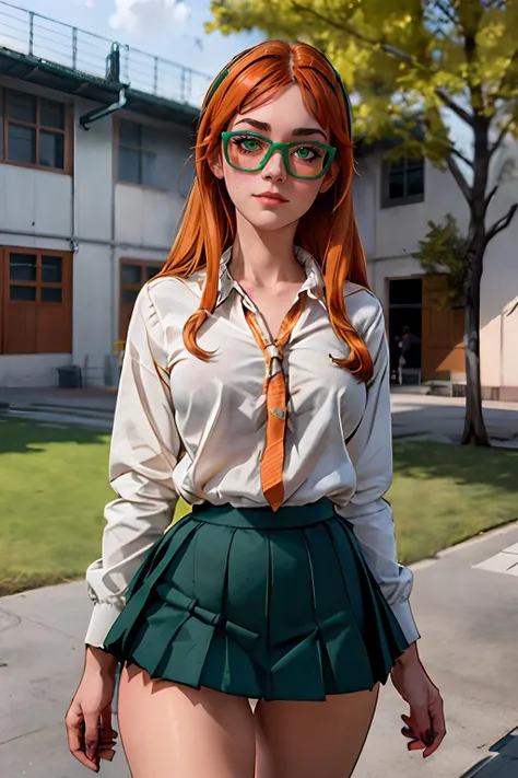 hdr, lis, woman, green eyes, orange-tinted glasses, wearing green Anime school uniform,outdoors, school courtyard,  looking at camera,  standing,  <lora:lis_(battlefield_2042):.7>, extremely detailed,  <lora:Mistoon_Anime school uniform:1>