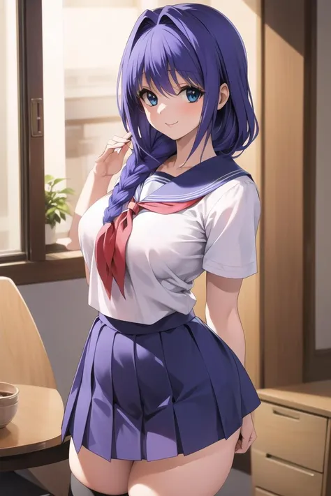 best quality,masterpiece, high res,original, beautiful detailed eyes,ultra-detailed,
1girl, solo,
Anime school uniform, <lora:Mistoon_Anime school uniform:0.5>, blue sailor collar,, contrapposto, seifuku, skindentation,
akiko_minase, arms up, blue eyes, blue hair, braid, covering, hair intakes, hair over shoulder, large breasts, long hair, mature female, single braid, smile, solo,
<lora:akiko_minase:0.8>,