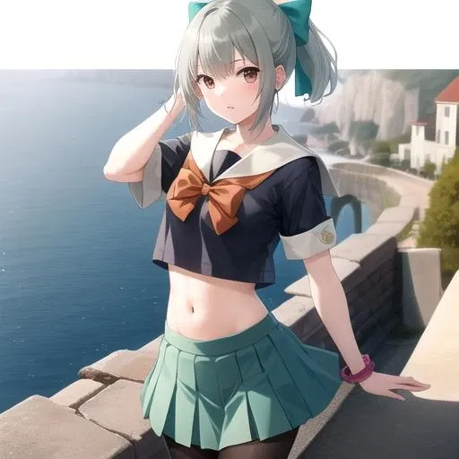 ((masterpiece)),(best quality),official art,extremely detailed CG,unity 8k wallpaper,ultra detailed,A lighthouse on a cliff by the sea,1girl,solo,cowboy shot,bangs,ponytail,school_uniform,serafuku,bowtie,pleated_skirt,hair_bow,green_skirt,grey_hair,navel,short_sleeves,brown_eyes,midriff,black_pantyhose,looking_at_viewer,aqua_skirt,crop_top,<lora:Yuubari(kan)>,