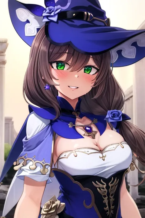 <lora:Lisa_Hard:1> masterpiece, best quality, lisa \(genshin impact\), 1girl, solo, hat, breasts, gloves, cleavage, flower, smile, bangs, dress, rose, jewelry, witch, capelet, green eyes, witch hat, brown hair, purple headwear, looking at viewer, large breasts, long hair, black gloves, purple flower, hair between eyes, upper body, purple rose, parted lips, purple capelet, hat flower, multicolored dress, hair ornament, multicolored clothes, vision \(genshin impact\), detailed background, ancient ruins

 <lora:null1063_v10:0.9>