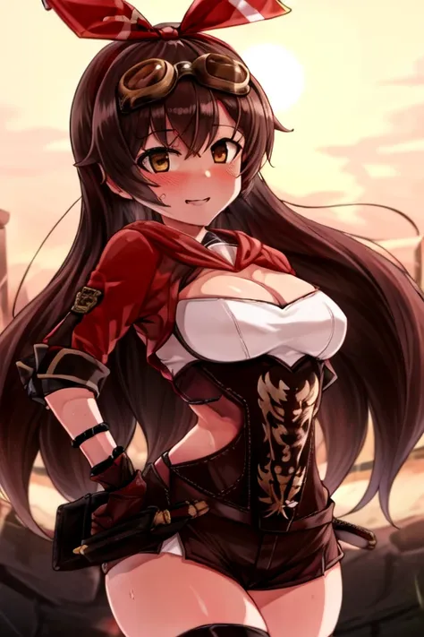<lora:amberGenshinImpact_strictV1:1>
1girl,
masterpiece, best quality, dramatic lighting, absurdres, looking at viewer, solo, playful, (smile:0.9), happy, goggles on head, stunningly attractive amber \(genshin impact\), cute, upper body, detailed face, brown eyes, brown hair, long hair, red hair ribbon, brown short shorts, leather gloves, pouch, thighhighs, white boots, hourglass figure, medium breasts, cleavage cutout, shrug \(clothing\) full body, (epic:1.2), dynamic pose, overgrown ancient ruins, sunset
<lora:null1063_v10:0.9>