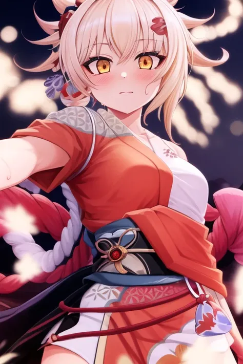 upper body digital painting, masterpiece, best quality, Yoimiya \(genshin impact\), blonde hair, 1girl, solo, japanese clothes, hair ornament, orange kimono, kimono, Japanese scenery in the background, dramatic pose, epic, stunningly attractive, cinematic lighting, vivid colors, looking at viewer, (happy:0.9), friendly, playful
<lora:Yoimiya_hardpruned:1>
<lora:null1063_v10:0.9>