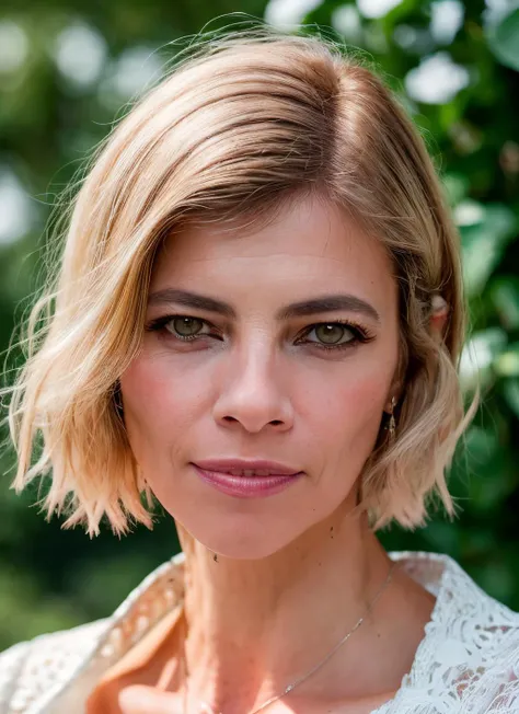 closeup portrait of skswoman, happy , wearing cocktail dress , with white Blunt haircut , background hen house epic (photo, studio lighting, hard light, sony a7, 50 mm, matte skin, pores, colors, hyperdetailed, hyperrealistic), <lyco:Maribel Verdu:1.1>