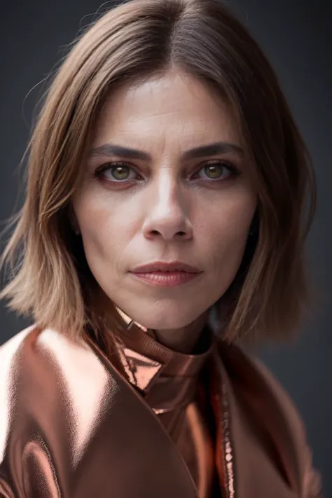 portrait of skswoman, hurt , wearing haute couture garments , with copper French bob , background wrestling ring epic (photo, studio lighting, hard light, sony a7, 50 mm, matte skin, pores, colors, hyperdetailed, hyperrealistic), <lyco:Maribel Verdu:1.1>