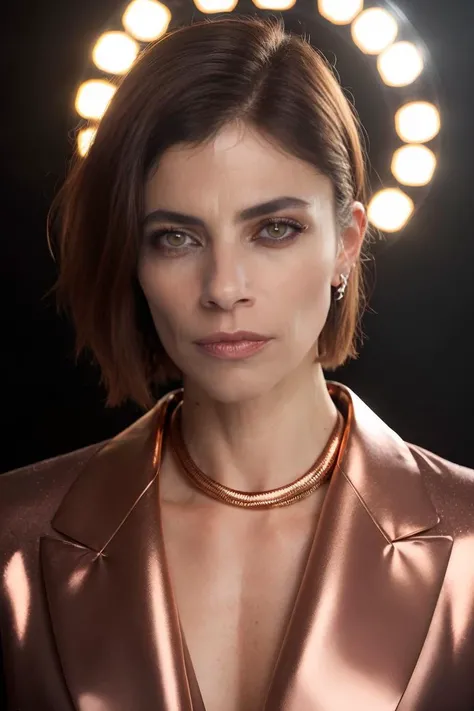 portrait of skswoman, hurt , wearing haute couture garments , with copper French bob , background wrestling ring epic (photo, studio lighting, hard light, sony a7, 50 mm, matte skin, pores, colors, hyperdetailed, hyperrealistic), <lyco:Maribel Verdu:1.1>