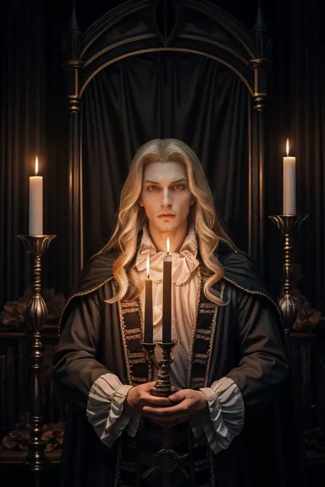 1man, portrait of alucardcastlevania wear court suit in bedroomgothic room, candle, looking at viewer, dim light, dark, horror \(theme\), realistic, long blonde, <lora:ARWAlucard:1>  <lora:ARWBedroomGothic:1>