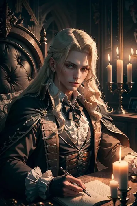 1man, handsome man, portrait upper body of alucardcastlevania wear court suit in bedroomgothic room, candle, looking at viewer, dim light, dark, horror \(theme\), realistic, long blonde, <lora:ARWBedroomGothic:1> <lora:ARWAlucard:1>