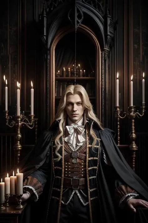 1man, portrait of alucardcastlevania wear court suit in bedroomgothic room, candle, looking at viewer, dim light, dark, horror \(theme\), realistic, long blonde, <lora:ARWAlucard:1> <lora:ARWBedroomGothic:1>