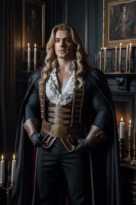 1man, portrait upper body of henry cavill alucardcastlevania wear court suit in bedroomgothic room, candle, looking at viewer, dim light, dark, horror \(theme\), realistic, long blonde, <lora:ARWAlucard:1> <lora:ARWBedroomGothic:1> hecavill