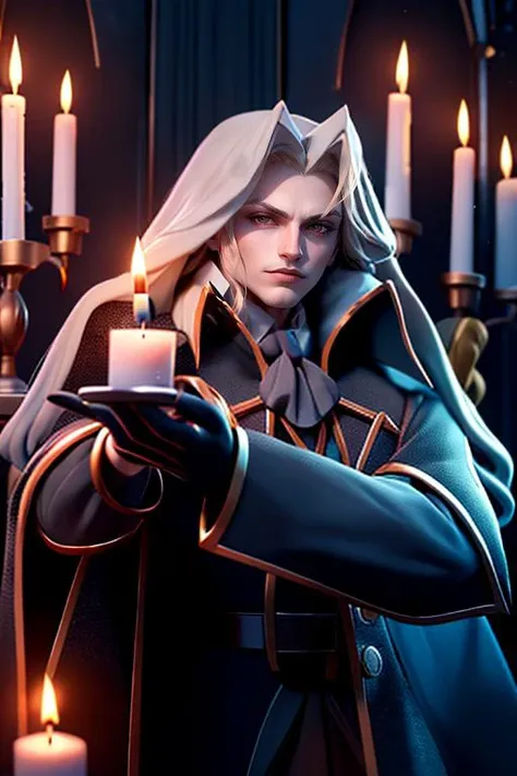 1man, handsome man, portrait upper body of alucardcastlevania wear court suit in bedroomgothic room, candle, looking at viewer, dim light, dark, horror \(theme\), realistic, long blonde, <lora:ARWBedroomGothic:1> <lora:ARWAlucard:1>