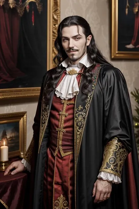 1man, photography, draculacastlevania man in palace, smirk, fang, red eyes, black long hair, pale skin, pointy ears, paintings, ornate, details, ornament, dim light, dawn, bokeh background, <lora:ARWBedroomGothic:0.6> <lora:ARWDracula:1>