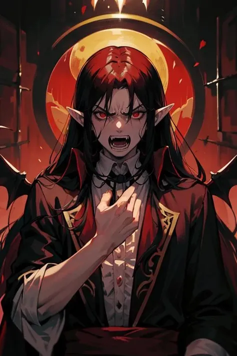 1man, photography, upper body of draculacastlevania man in palace, angry, open mouth, long fang, sharp teeth, (red eyes:1.1), black long hair, pale skin, pointy ears, paintings, ornate, details, ornament, dim light, dawn, bokeh background, horror \(theme\), spooky lighting, <lora:ARWBedroomGothic:0.6> <lora:ARWDracula:1>