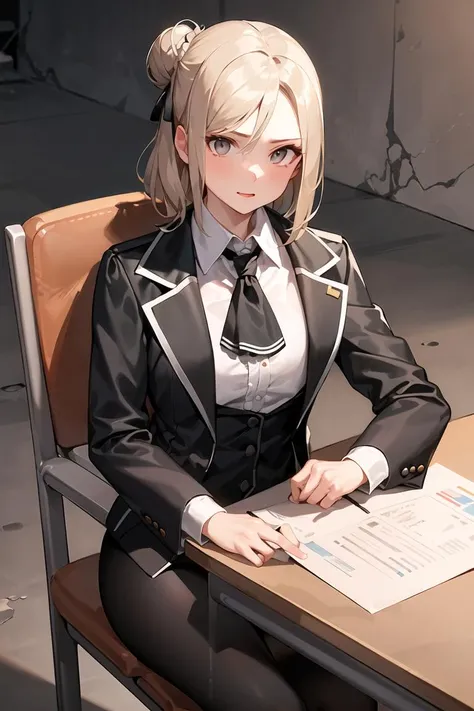 (masterpiece,best quality),1girl,black jacket,white blouse,black ascot,cravat,court suit,short hair,tan colored hair,single hair bun,sitting at school desk,in underground bunker,in concrete bunker,ornate,alucardcastlevania, <lora:ARWAlucard:0.7>