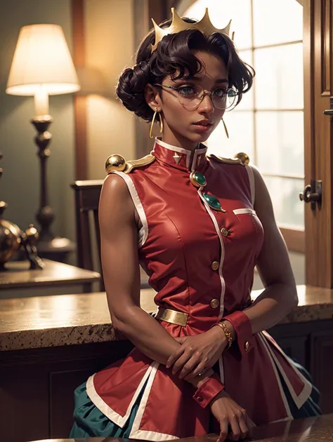 <lora:revgirlutena_himemiya-10:0.8> himemiya anthy, dark skin, dark-skinned female, short hair, crown, glasses, red sleeveless dress, aiguillette, wrist cuffs, jewelry, earrings