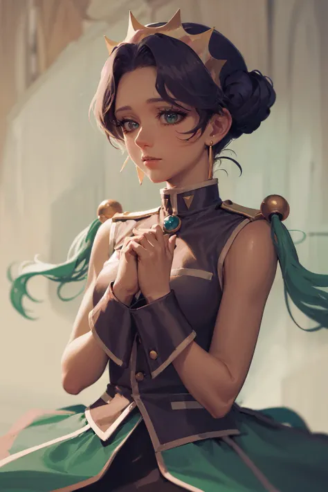 (masterpiece, best quality:1.2), <lora:revgirlutena_himemiya-10:1>, cowboy shot, solo, 1girl, himemiya anthy, dark skin, dark-skinnedd female, expressionless, closed mouth, own hands together, short hair, crown, sleeveless dress, aiguillette, wrist cuffs, jewelry, earrings