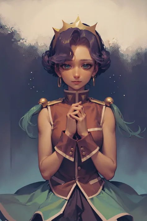 (masterpiece, best quality:1.2), <lora:revgirlutena_himemiya-10:1>, cowboy shot, solo, 1girl, himemiya anthy, dark skin, dark-skinnedd female, expressionless, closed mouth, own hands together, short hair, crown, sleeveless dress, aiguillette, wrist cuffs, jewelry, earrings