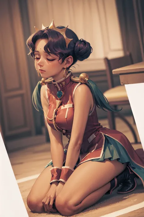 (masterpiece, best quality:1.2), <lora:revgirlutena_himemiya-10:0.9>, solo, 1girl, himemiya anthy, dark skin, dark-skinnedd female, expressionless, closed mouth, kneeling, short hair, crown, closed eyes, sleeveless dress, aiguillette, wrist cuffs, jewelry, earrings