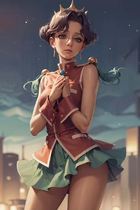 (masterpiece, best quality:1.2), <lora:revgirlutena_himemiya-10:0.9>, cowboy shot, solo, 1girl, himemiya anthy, dark skin, dark-skinned female, expressionless, closed mouth, own hands together, short hair, crown, glasses, sleeveless dress, aiguillette, wrist cuffs, jewelry, earrings