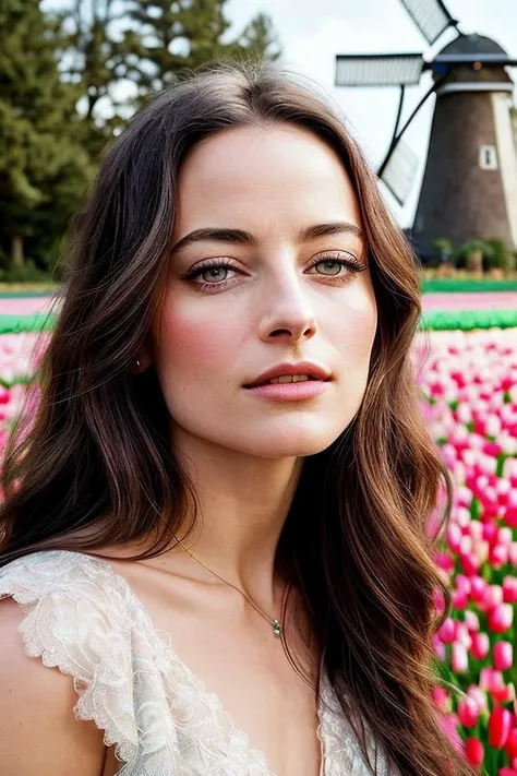 Behold a vision fair, a comely maiden named (Koh_LaraPulver:.99), bedecked with locks of splendor, ((a masterpiece)), (closeup:1.2), ((gracing from the waist up)), ((amidst a picturesque windmill, tulip fields:1.2)), (((captivating makeup:1.2))), flawless skin texture, ((Dress with a Tulle Capelet:1.2)), captured in 24mm, with textures of 4k, and bathed in the soft glow of theatrics,Behold the artistry of Adobe Lightroom and Photolab, imbuing this portrait with a touch of HDR, adorned with intricacy, elegance, and breathtakingly detailed, with an acute focus, ((((exuding a theatrical allure)))) that doth captivate the senses and draw the gaze, The soothing tones that grace this spectacle, the exuberant particulars, and the most delicate intricacies rendered in hyperdetailed glory, where even the subtlest contrast is like a brushstroke of soft theatrical light. The melded exposures in HDR doth weave a reverie of faded allure, conjuring a present spectacle of enchantment and wonderment. Lo, I beseech thee, behold this sight with awe!,  ("she who hath a fondness for partaking in caramel waffles doth possess the knowledge of what truly enlivens life's sweetest pleasures.":1.1),