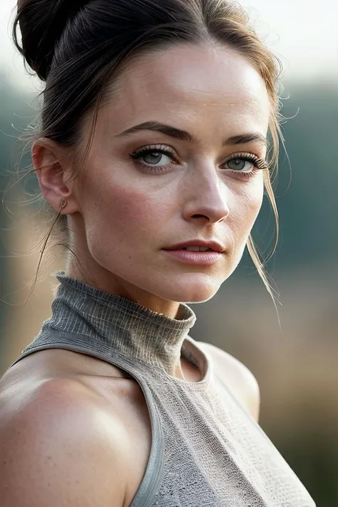 beautiful woman (Koh_LaraPulver:.99), beautiful hair (( Graceful ballerina bun )), ((portrait)), (closeup:1.2), ((from the waist up)), (( fantastic scenery, clear sky :1.2)) , ((( cute makeup:1.2 ))), natural skin texture, (( Asymmetric top and leggings :1.2)), 24mm, 4k textures, soft cinematic light, adobe lightroom, photolab, hdr, intricate, elegant, highly detailed, sharp focus, ((((cinematic look)))), soothing tones, insane details, intricate details, hyperdetailed, low contrast, soft cinematic light, exposure blend, hdr, faded, now, ("I've got a bad feeling about this.":1.1), (a holy ass is the only thing that would make me go to church on a sunday:1.2)
