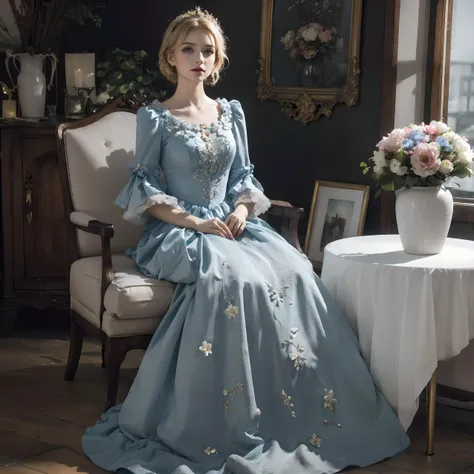 <lora:EuropeanStyleDress:0.8>,(ornate white european style princess dress:1.2),(long sleeves),flower necklace,1 girl,full body,(long hair:1.1), (realistic:1.7),((best quality)),absurdres,(ultra high res),(photorealistic:1.6),photorealistic,octane render,(hyperrealistic:1.2), (photorealistic face:1.2), (8k), (4k), (Masterpiece),(realistic skin texture), (illustration, cinematic lighting,wallpaper),( beautiful eyes:1.2),((((perfect face)))),(cute),(sitting on a ornate chair),(blonde hair),blue eyes,red lips, (indoors),(in the palace),(vase),(flowers),(ornaments),<lora:Euro-AmericanDollLikeness_V20:0.55>,