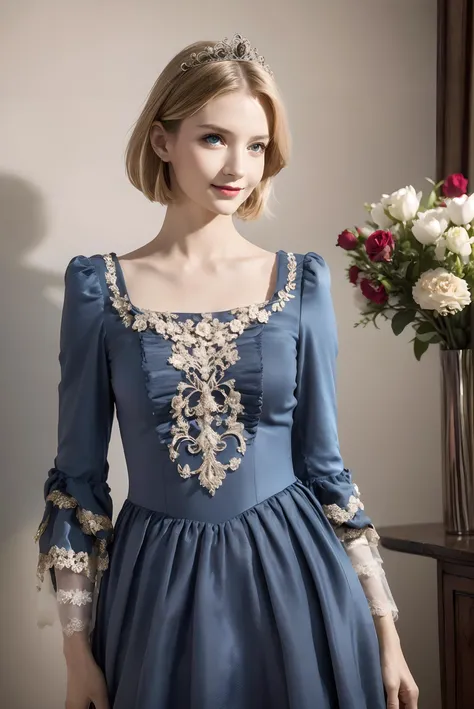 <lora:EuropeanStyleDress:0.7>,(ornate white european style princess dress),(long sleeves),flower necklace,1 girl,(upper body:1.3), (long hair:1.1), (realistic:1.7),((best quality)),absurdres,(ultra high res),(photorealistic:1.6),photorealistic,octane render,(hyperrealistic:1.2), (photorealistic face:1.2), (8k), (4k), (Masterpiece),(realistic skin texture), (illustration, cinematic lighting,wallpaper),( beautiful eyes:1.2),((((perfect face)))),(cute),(standing),smile,(black hair),(blonde hair),blue eyes,red lips, (indoors),(in the palace),(vase),(flowers),(ornaments),<lora:Euro-AmericanDollLikeness_V20:0.45>,