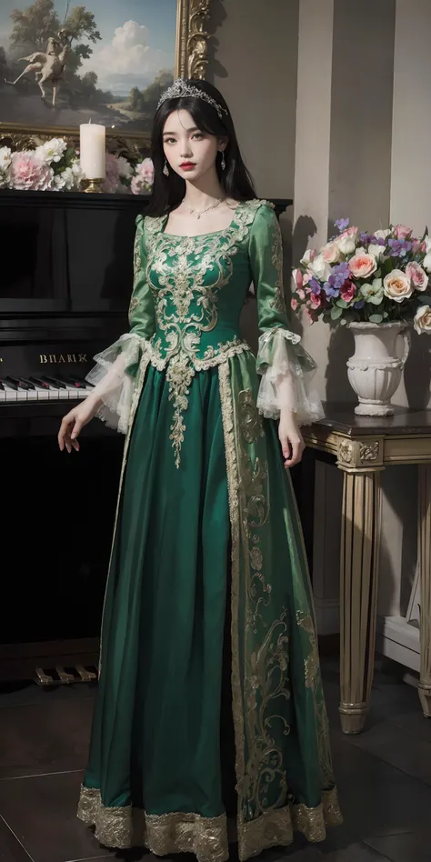 <lora:EuropeanStyleDress:0.6>,(ornate green european style princess dress:1.2),(long sleeves),flower necklace,1 girl,(full body), high heels,(long hair:1.1), (realistic:1.7),((best quality)),absurdres,(ultra high res),(photorealistic:1.6),photorealistic,octane render,(hyperrealistic:1.2), (photorealistic face:1.2), (8k), (4k), (Masterpiece),(realistic skin texture), (illustration, cinematic lighting,wallpaper),( beautiful eyes:1.2),((((perfect face)))),(cute),(standing),(black hair),(black hair),black eyes,red lips, (indoors),(in the palace),(piano),(vase),(flowers),(ornaments),<lora:ChineseDollLikenessV3.0:0.5>