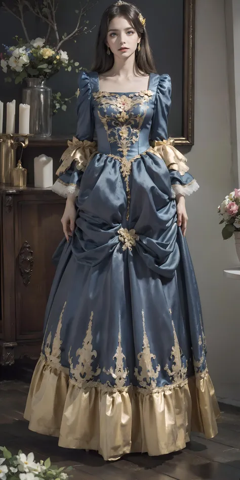 <lora:EuropeanStyleDress:0.75>,(ornate blue and yellow european style princess dress:1.2),(long sleeves),flower necklace,1 girl,full body, high heels,(long hair:1.1), (realistic:1.7),((best quality)),absurdres,(ultra high res),(photorealistic:1.6),photorealistic,octane render,(hyperrealistic:1.2), (photorealistic face:1.2), (8k), (4k), (Masterpiece),(realistic skin texture), (illustration, cinematic lighting,wallpaper),( beautiful eyes:1.2),((((perfect face)))),(cute),(standing),(black hair),(blonde hair),blue eyes,red lips, (indoors),(in the palace),(vase),(flowers),(ornaments),<lora:Euro-AmericanDollLikeness_V20:0.55>,