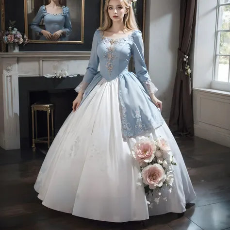 <lora:EuropeanStyleDress:0.55>,(ornate pink and blue and white european style princess dress:1.2),(long sleeves),flower necklace,1 girl,(upper body:1.3), high heels,(long hair:1.1), (realistic:1.7),((best quality)),absurdres,(ultra high res),(photorealistic:1.6),photorealistic,octane render,(hyperrealistic:1.2), (photorealistic face:1.2), (8k), (4k), (Masterpiece),(realistic skin texture), (illustration, cinematic lighting,wallpaper),( beautiful eyes:1.2),((((perfect face)))),(cute),(standing),(black hair),(blonde hair:1.2),blue eyes,red lips, (indoors),(in the palace),(vase),(flowers),(ornaments),<lora:Euro-AmericanDollLikeness_V20:0.55>,
