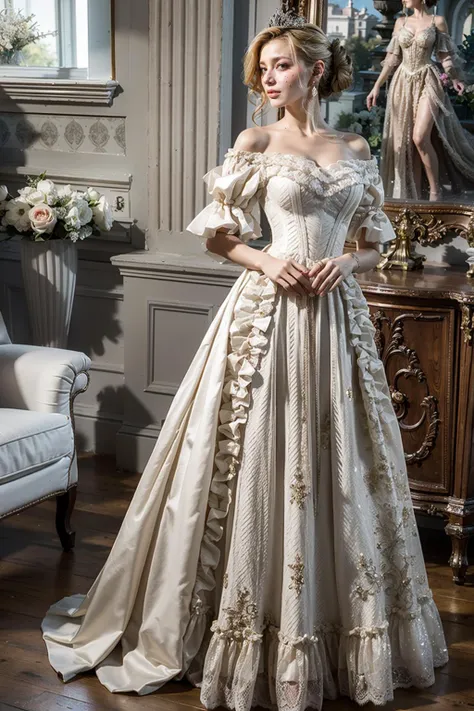 (realistic:1.3), finely detailed, quality, rembrandt lighting, (masterpiece:1.2), (photorealistic:1.2), (best quality), (detailed skin:1.3), (intricate details), dramatic, ray tracing, 1girl, russain girl, smiling, updo hair, blonde, 21 years old, medium breasts, intricate, exquisite, ornate, european style princess dress, lace trim, frills, ribbons, see-through, full body, (bright sunlight, lavish aristocrat mansion), <lora:EuropeanStyleDress:0.6>
