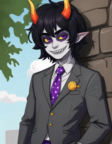 best quality, afterglow, 4k, ((masterpiece)), extremely detailed, 8k, trending on ArtStation, Intricate, High Detail, Sharp focus, gamzee <lora:gamzee:0.9>, solo, 1boy, male focus, black hair, horns, colored skin, grey skin, colored sclera, yellow sclera, purple eyes, sharp teeth, smile, suit, jacket, necktie, polka dot pants, standing, outdoors, <lora:more_details:0.5>, close up, upper body, muscular male