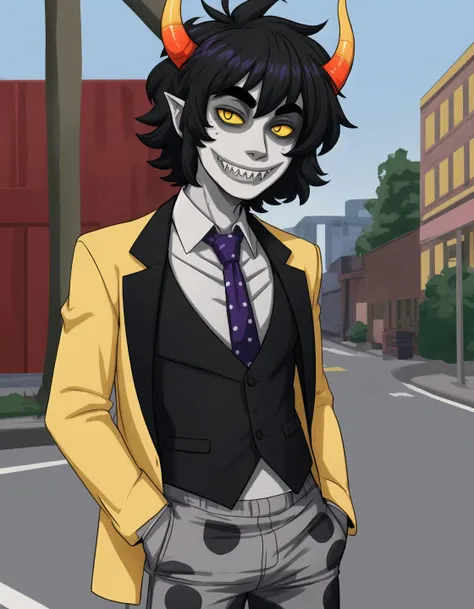 best quality, afterglow, 4k, ((masterpiece)), extremely detailed, 8k, trending on ArtStation, Intricate, High Detail, Sharp focus, gamzee <lora:gamzee:0.9>, solo, 1boy, male focus, black hair, horns, colored skin, grey skin, colored sclera, yellow sclera, sharp teeth, smile, suit, jacket, necktie, polka dot pants, standing, outdoors, <lora:more_details:0.5>, cowboy shot, muscular male