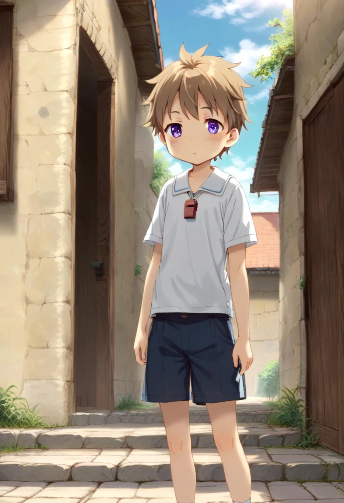score_9, score_8_up, score_7_up, detailed eyes, BREAK
straight on shot, standing,
<lora:natPony-000016:0.7>mia_nat, petite, aged down, ,
one boy standing in a stone village.
He has Brown hair and purple eyes.
He wears a red whistle as a pendand around his neck,