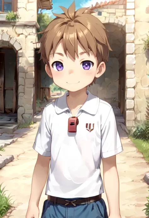 score_9, score_8_up, score_7_up, detailed eyes, BREAK
straight on shot, standing,
 <lora:natPony-000016:0.7>mia_nat, petite, aged down, child,
one boy standing in a stone village.
He has Brown hair and purple eyes.
He wears a red whistle as a pendand around his neck,
faint smile