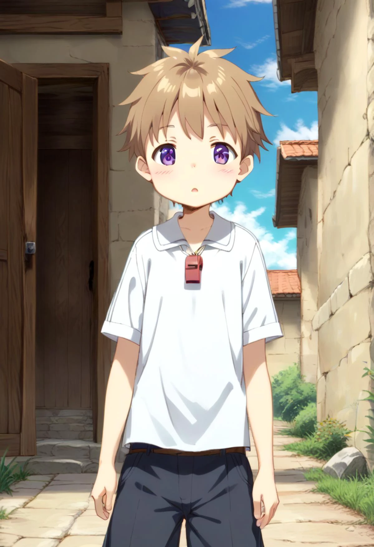 score_9, score_8_up, score_7_up, detailed eyes, BREAK
straight on shot, standing,
<lora:natPony-000016:0.7>mia_nat, petite, aged down, ,
one boy standing in a stone village.
He has Brown hair and purple eyes.
He wears a red whistle as a pendand around his neck,close up,