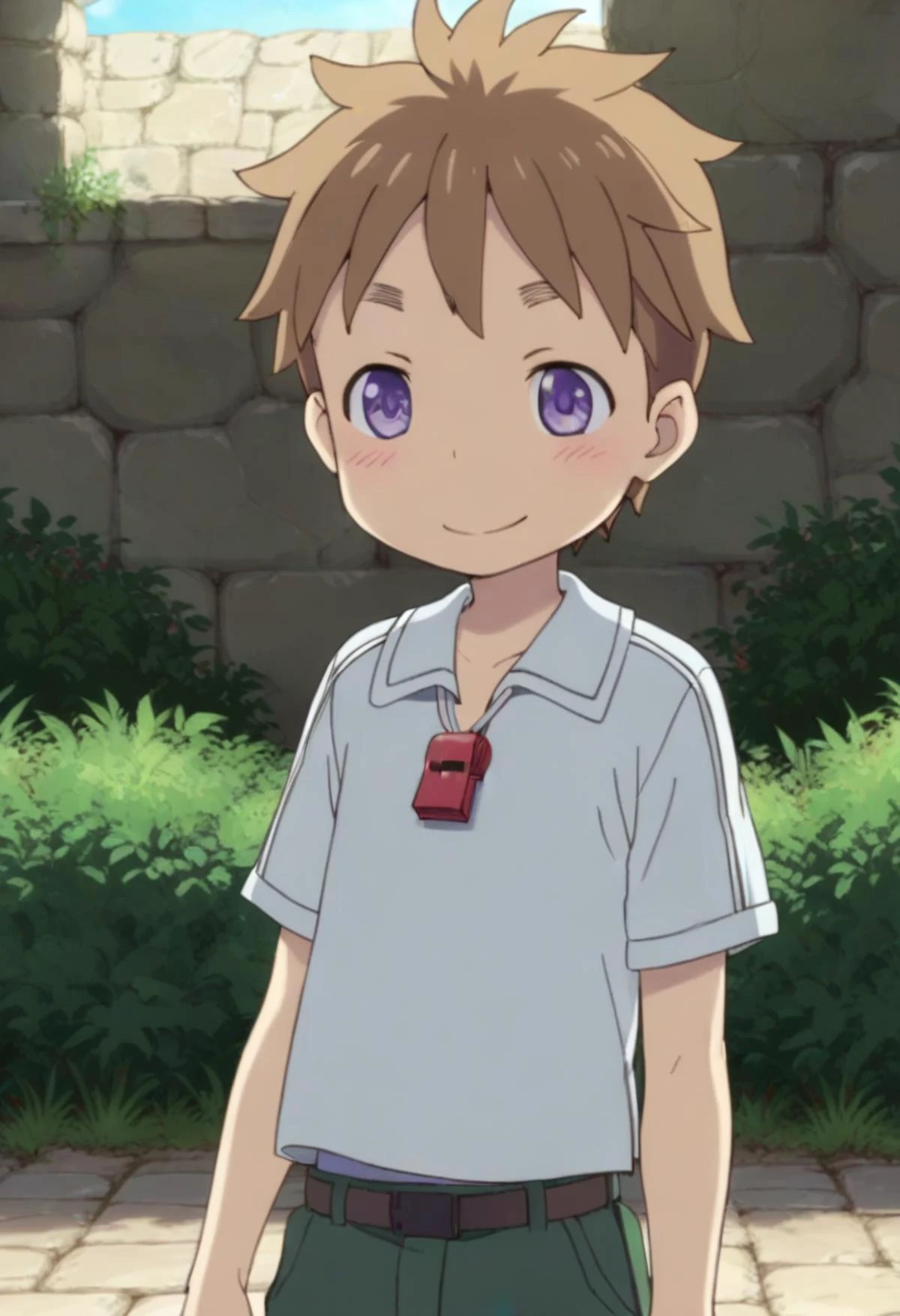 score_9, score_8_up, score_7_up, detailed eyes, BREAK
straight on shot, standing,
<lora:natPony-000016:0.7>mia_nat, petite, aged down, child,
one boy standing in a stone village.
He has Brown hair and purple eyes.
He wears a red whistle as a pendant around his neck,close up,
faint smile