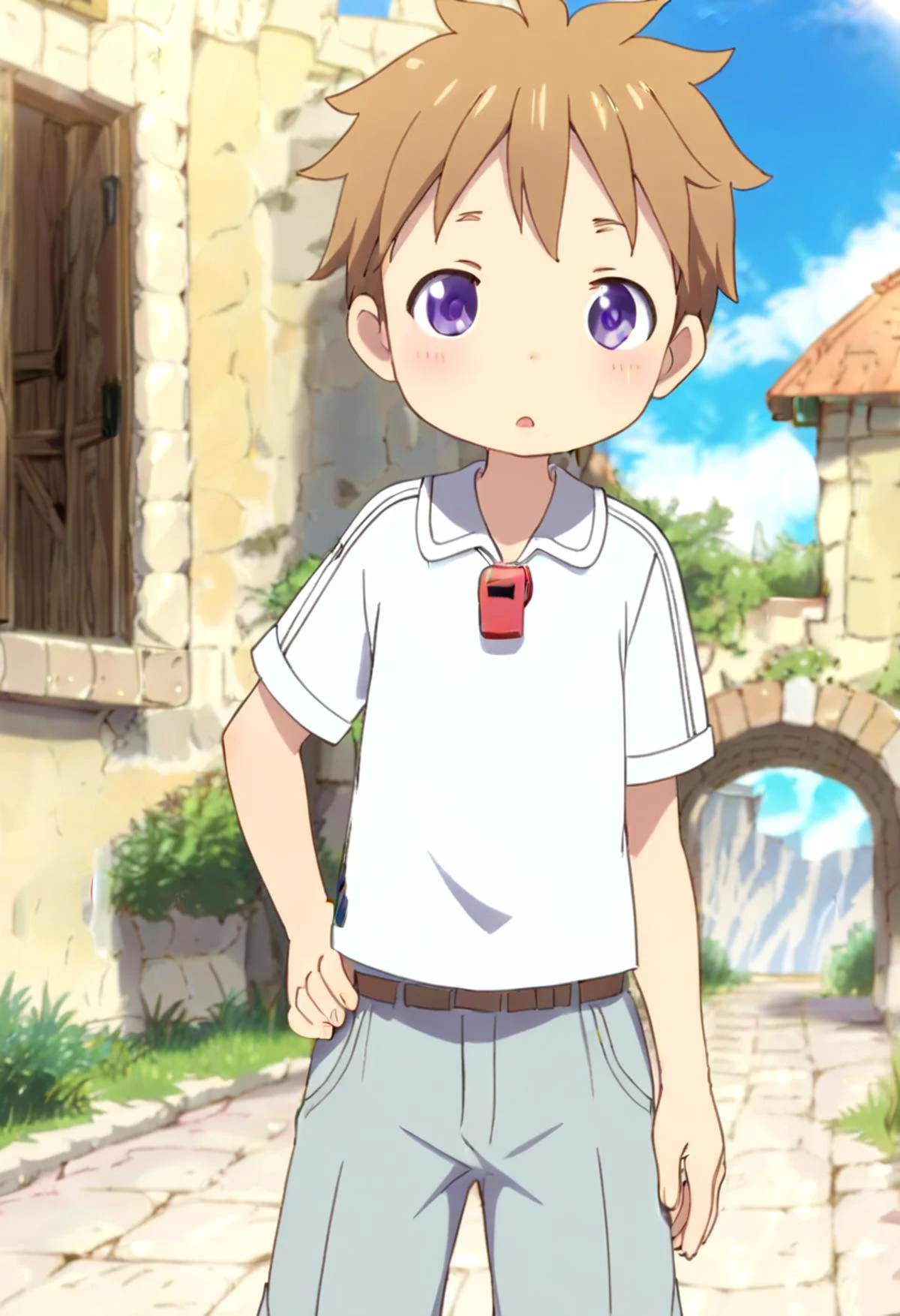 score_9, score_8_up, score_7_up, detailed eyes, BREAK
straight on shot, standing,
<lora:natPony-000016:0.7>mia_nat, petite, aged down, child,
one boy standing in a stone village.
He has Brown hair and purple eyes.
He wears a red whistle as a pendant around his neck,close up,