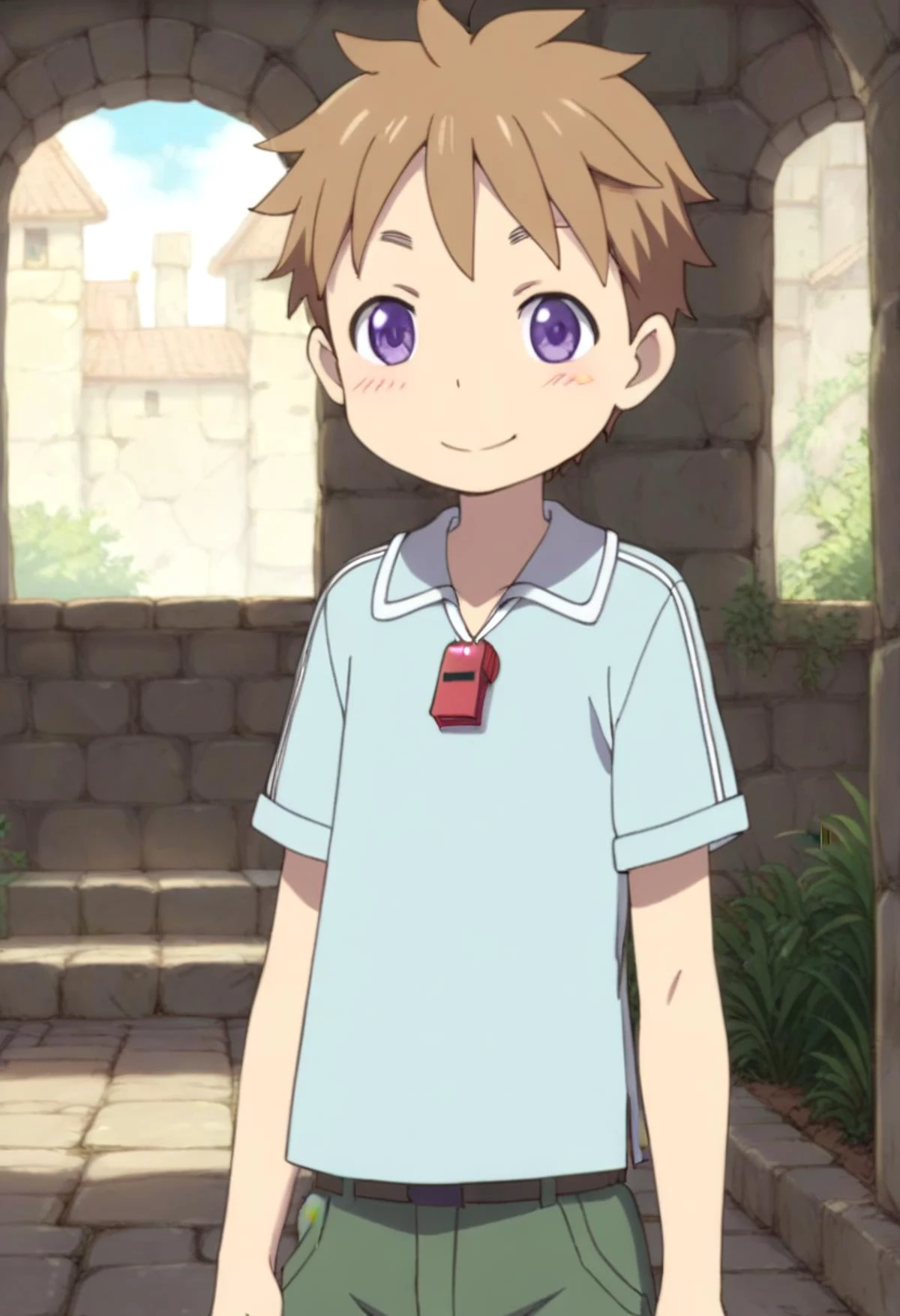 score_9, score_8_up, score_7_up, detailed eyes, BREAK
straight on shot, standing,
<lora:natPony-000016:0.7>mia_nat, petite, aged down, child,
one boy standing in a stone village.
He has Brown hair and purple eyes.
He wears a red whistle as a pendant around his neck,close up,
faint smile
