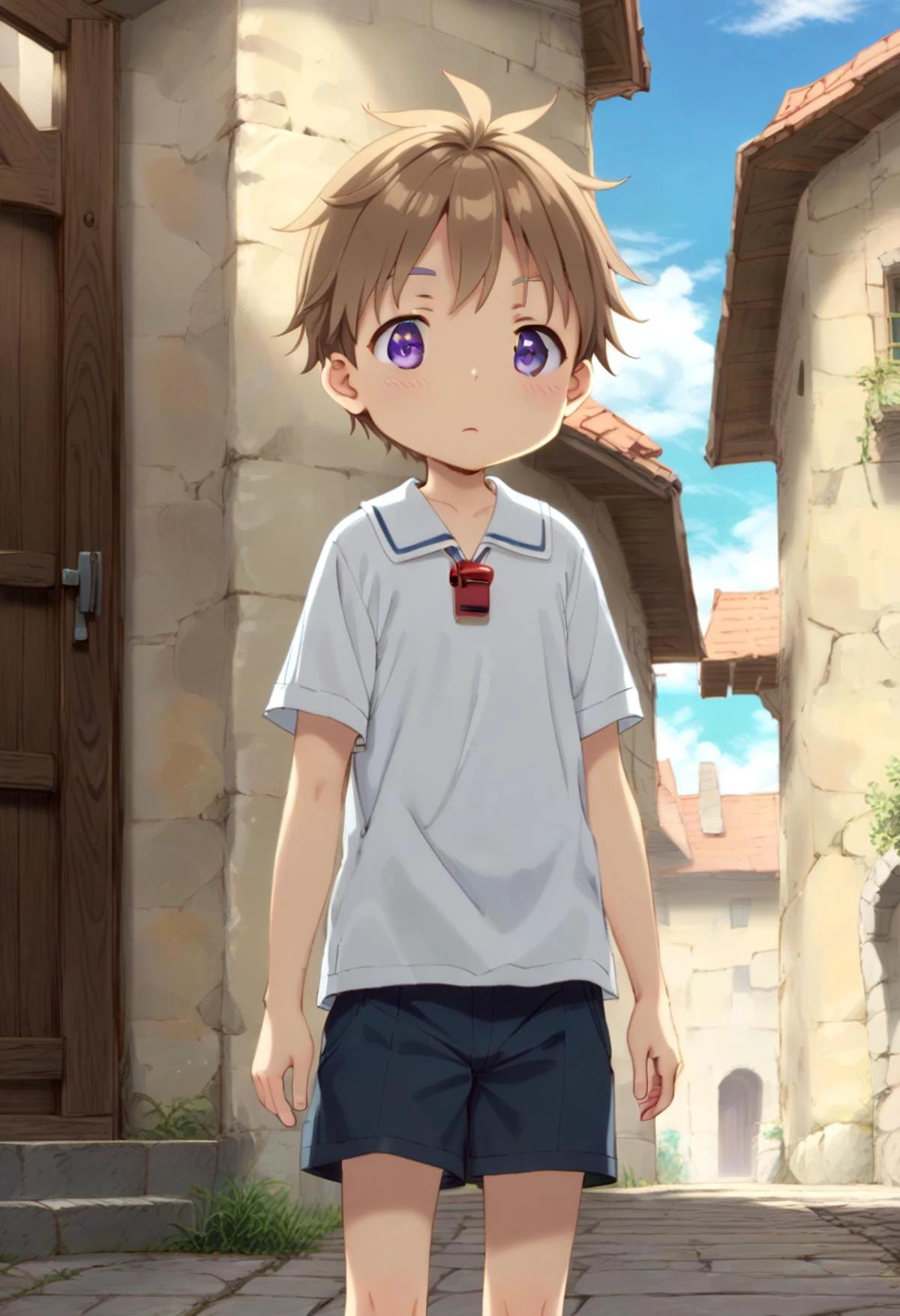 score_9, score_8_up, score_7_up, detailed eyes, BREAK
straight on shot, standing,
<lora:natPony-000016:0.7>mia_nat, petite, aged down, ,
one boy standing in a stone village.
He has Brown hair and purple eyes.
He wears a red whistle as a pendand around his neck,